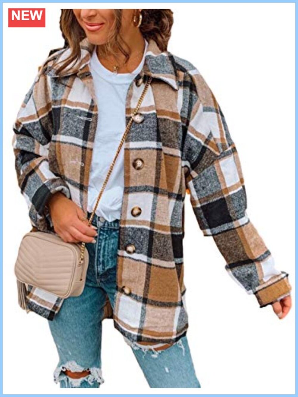 Women's Oversized Plaid Flannel Shacket Long Sleeve Button Down Shirt Jacket